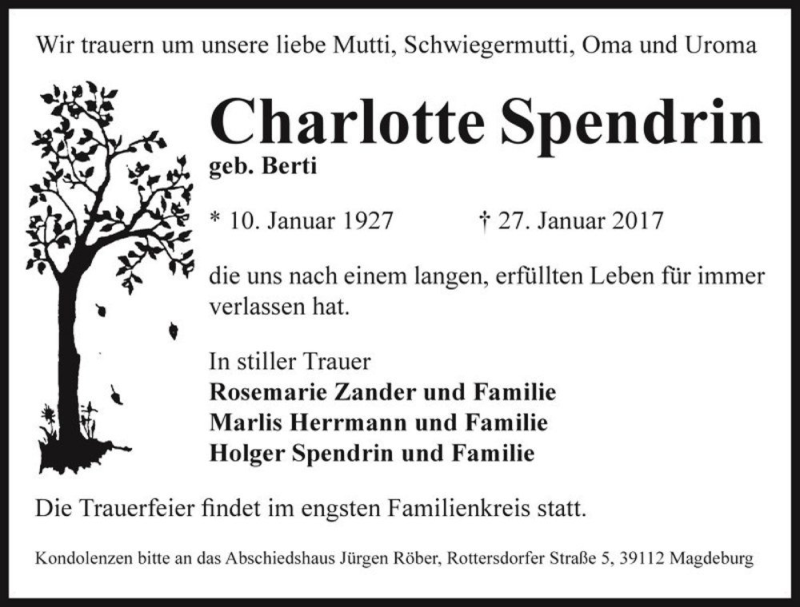  Traueranzeige für Charlotte Spendrin (geb. Berti)  vom 04.02.2017 aus Magdeburger Volksstimme