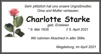 Traueranzeige von Charlotte Starke (geb. Erxleben)  von Magdeburger Volksstimme