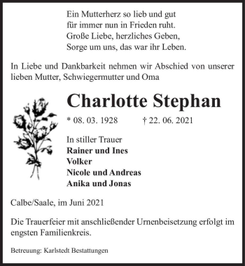 Traueranzeige von Charlotte Stephan  von Magdeburger Volksstimme