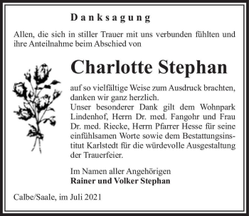 Traueranzeige von Charlotte Stephan  von Magdeburger Volksstimme