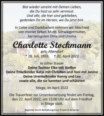 Traueranzeige von Charlotte Stockmann (geb. Altendorf)  von Magdeburger Volksstimme