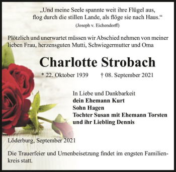 Traueranzeige von Charlotte Strobach  von Magdeburger Volksstimme