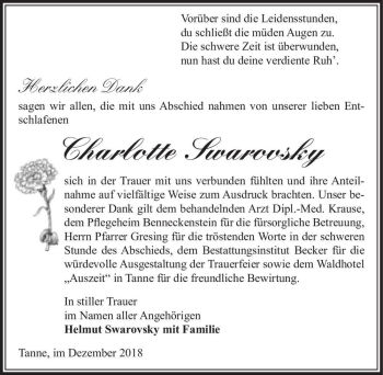 Traueranzeige von Charlotte Swarovsky  von Magdeburger Volksstimme