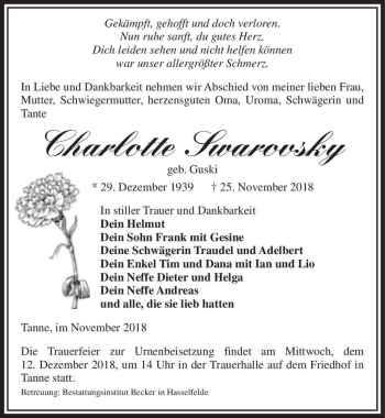 Traueranzeige von Charlotte Swarovsky (geb. Guski)  von Magdeburger Volksstimme