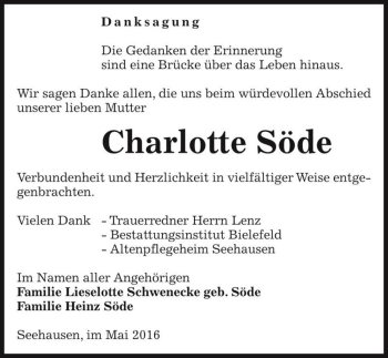 Traueranzeige von Charlotte Söde  von Magdeburger Volksstimme
