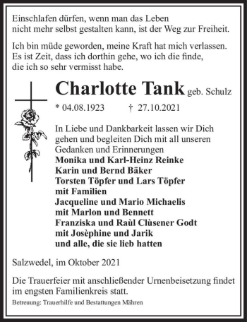 Traueranzeige von Charlotte Tank (geb. Schulz)  von Magdeburger Volksstimme