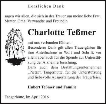 Traueranzeige von Charlotte Teßmer  von Magdeburger Volksstimme