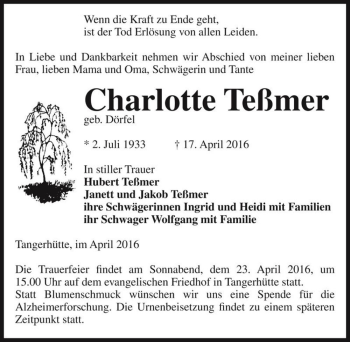 Traueranzeige von Charlotte Teßmer (geb. Dörfel)  von Magdeburger Volksstimme