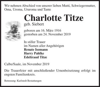 Traueranzeige von Charlotte Titze (geb. Siebert)  von Magdeburger Volksstimme