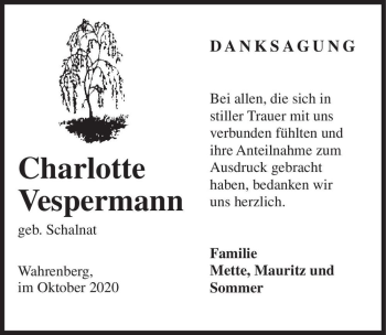 Traueranzeige von Charlotte Vespermann (geb. Schalnat)  von Magdeburger Volksstimme