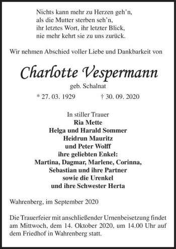 Traueranzeige von Charlotte Vespermann (geb. Schalnat)  von Magdeburger Volksstimme