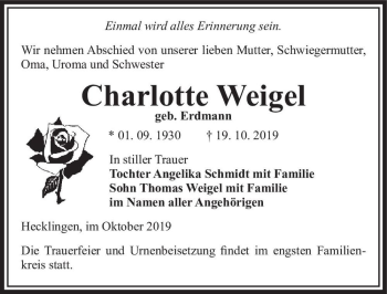 Traueranzeige von Charlotte Weigel (geb. Erdmann)  von Magdeburger Volksstimme