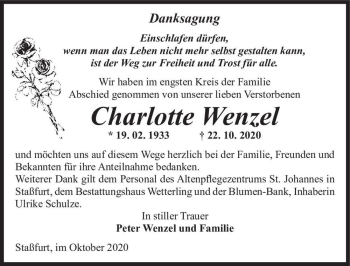 Traueranzeige von Charlotte Wenzel  von Magdeburger Volksstimme