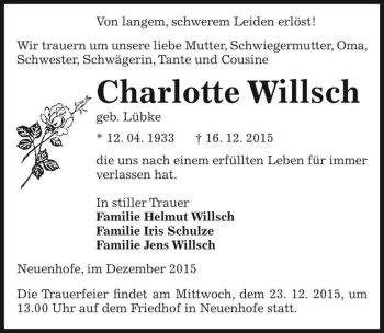 Traueranzeige von Charlotte Willsch (geb. Lübke)  von Magdeburger Volksstimme