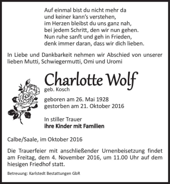 Traueranzeige von Charlotte Wolf (geb. Kosch)  von Magdeburger Volksstimme