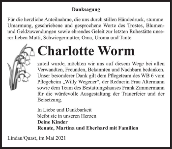 Traueranzeige von Charlotte Worm  von Magdeburger Volksstimme
