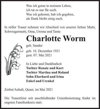Traueranzeige von Charlotte Worm (geb. Sander)  von Magdeburger Volksstimme