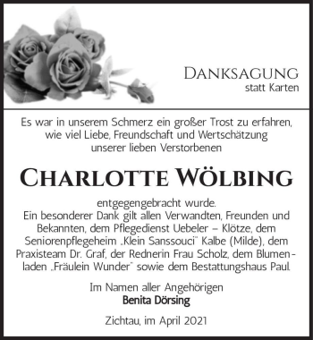 Traueranzeige von Charlotte Wölbing  von Magdeburger Volksstimme