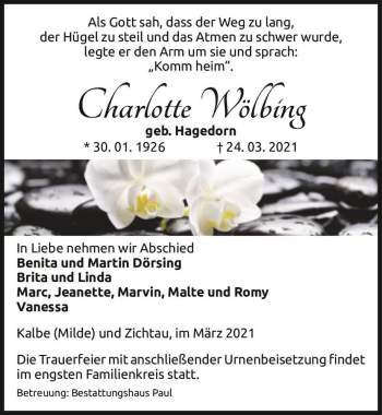 Traueranzeige von Charlotte Wölbing (geb. Hagedorn)  von Magdeburger Volksstimme