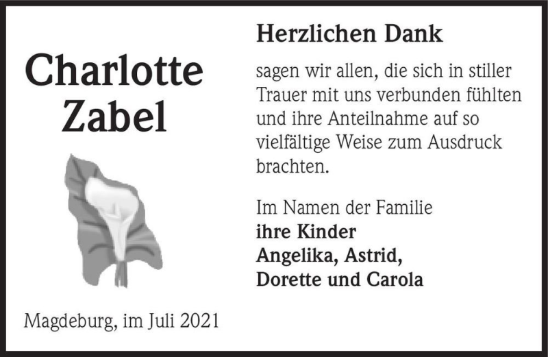  Traueranzeige für Charlotte Zabel  vom 24.07.2021 aus Magdeburger Volksstimme