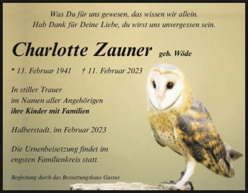Traueranzeige von Charlotte Zauner (geb. Wöde)  von Magdeburger Volksstimme
