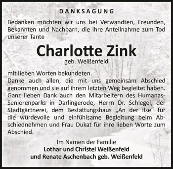 Traueranzeige von Charlotte Zink (geb. Weißenfeld)  von Magdeburger Volksstimme
