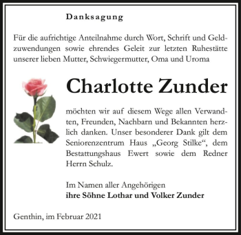 Traueranzeige von Charlotte Zunder  von Magdeburger Volksstimme
