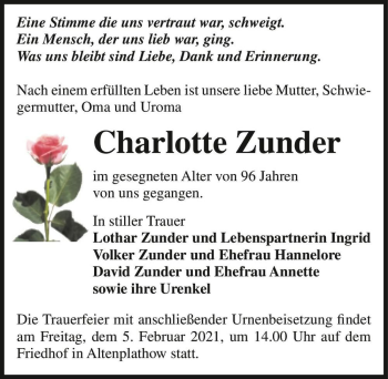 Traueranzeige von Charlotte Zunder  von Magdeburger Volksstimme