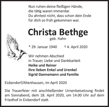 Traueranzeige von Chris Bethge (geb. Hahn)  von Magdeburger Volksstimme