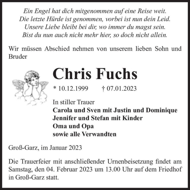  Traueranzeige für Chris Fuchs  vom 21.01.2023 aus Magdeburger Volksstimme