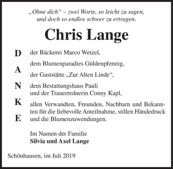 Traueranzeige von Chris Lange  von Magdeburger Volksstimme