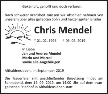 Traueranzeige von Chris Mendel  von Magdeburger Volksstimme