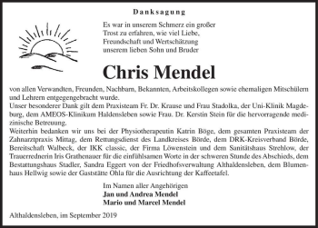 Traueranzeige von Chris Mendel  von Magdeburger Volksstimme