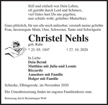 Traueranzeige von Chrisel Nehls (geb. Rabe)  von Magdeburger Volksstimme