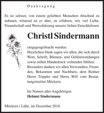 Traueranzeige von Chrisl Sindermann  von Magdeburger Volksstimme