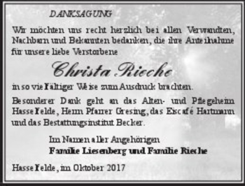 Traueranzeige von Christ Rieche  von Magdeburger Volksstimme