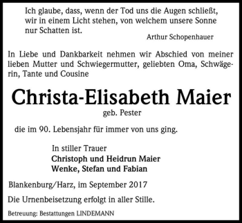 Traueranzeige von Christa-Elisabeth Maier (geb. Pester)  von Magdeburger Volksstimme