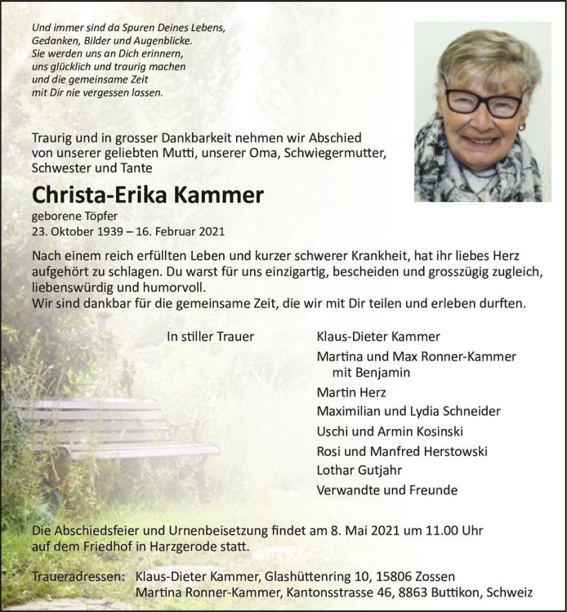  Traueranzeige für Christa-Erika Kammer (geb. Töpfer)  vom 06.03.2021 aus Magdeburger Volksstimme