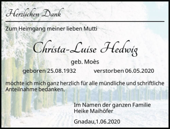 Traueranzeige von Christa-Luise Hedwig (geb. Moès)  von Magdeburger Volksstimme