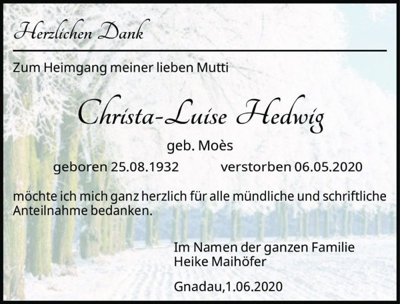  Traueranzeige für Christa-Luise Hedwig (geb. Moès)  vom 06.06.2020 aus Magdeburger Volksstimme
