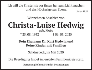 Traueranzeige von Christa-Luise Hedwig (geb. Moès)  von Magdeburger Volksstimme