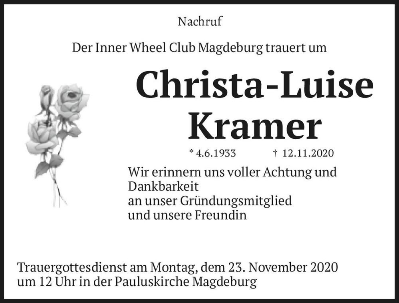  Traueranzeige für Christa-Luise Kramer  vom 21.11.2020 aus Magdeburger Volksstimme