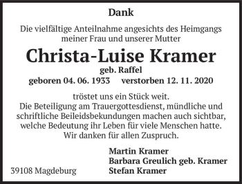 Traueranzeige von Christa-Luise Kramer (geb. Raffel)  von Magdeburger Volksstimme