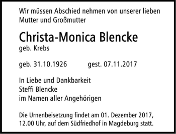 Traueranzeige von Christa-Monika Blencke (geb. Krebs)  von Magdeburger Volksstimme