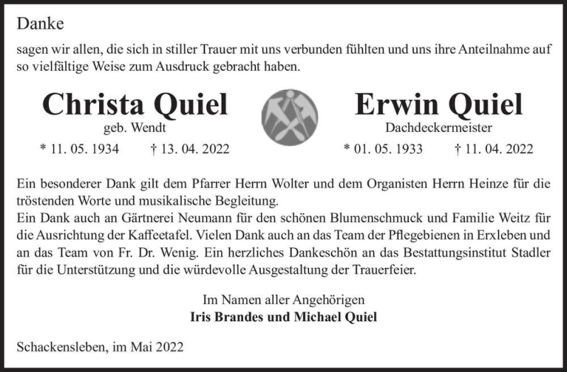  Traueranzeige für Christa (geb. Wendt) und Erwin Quiel  vom 14.05.2022 aus Magdeburger Volksstimme