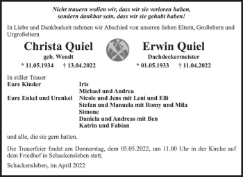 Traueranzeige von Christa (geb. Wendt) und Erwin Quiel  von Magdeburger Volksstimme