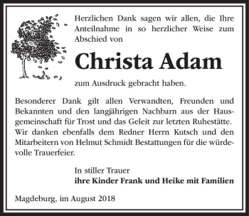 Traueranzeige von Christa Adam  von Magdeburger Volksstimme