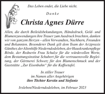 Traueranzeige von Christa Agnes Dürre  von Magdeburger Volksstimme