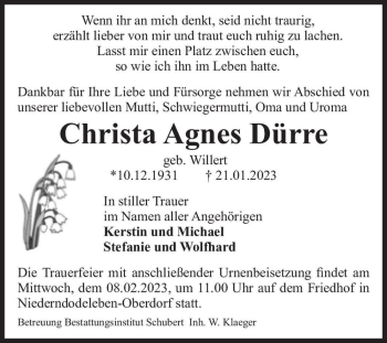 Traueranzeige von Christa Agnes Dürre (geb. Willert)  von Magdeburger Volksstimme