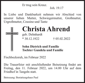 Traueranzeige von Christa Ahrend (geb. Dehnhardt)  von Magdeburger Volksstimme